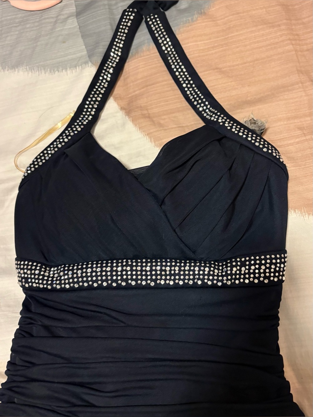 Trixxi Black One-Shoulder Halter Dress with Rhinestone Trim
